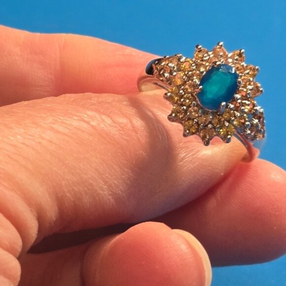 925 Sterling Silver Ring 8.25 with Natural Blue Opal 7x5mm & Sapphire Gemstone - Picture 3 of 4